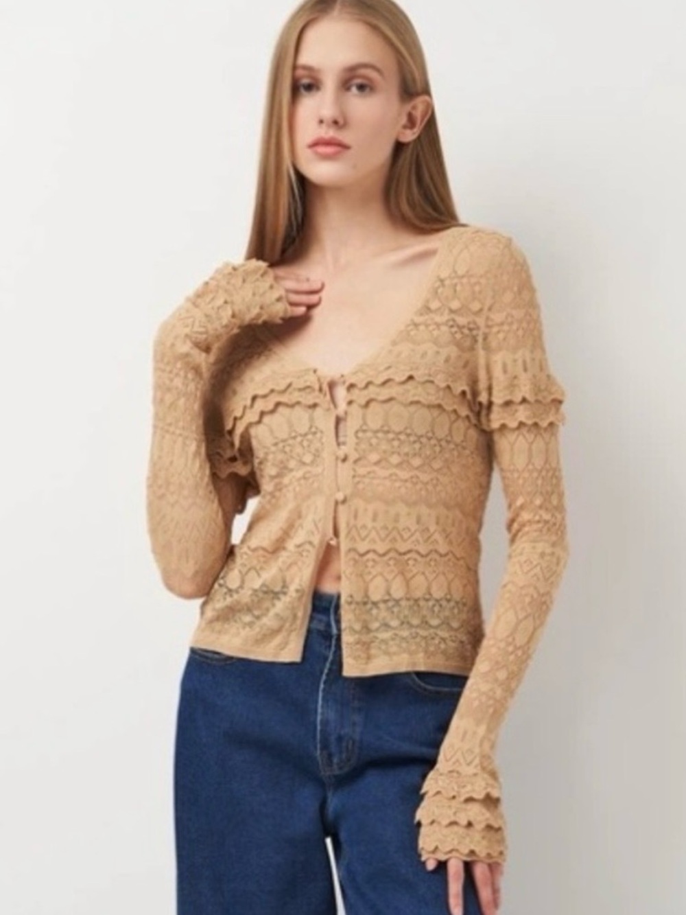 NWOT Zara Lace Knit Cardigan Romantic Sheer Crochet Button Front | Boho Chic. M.